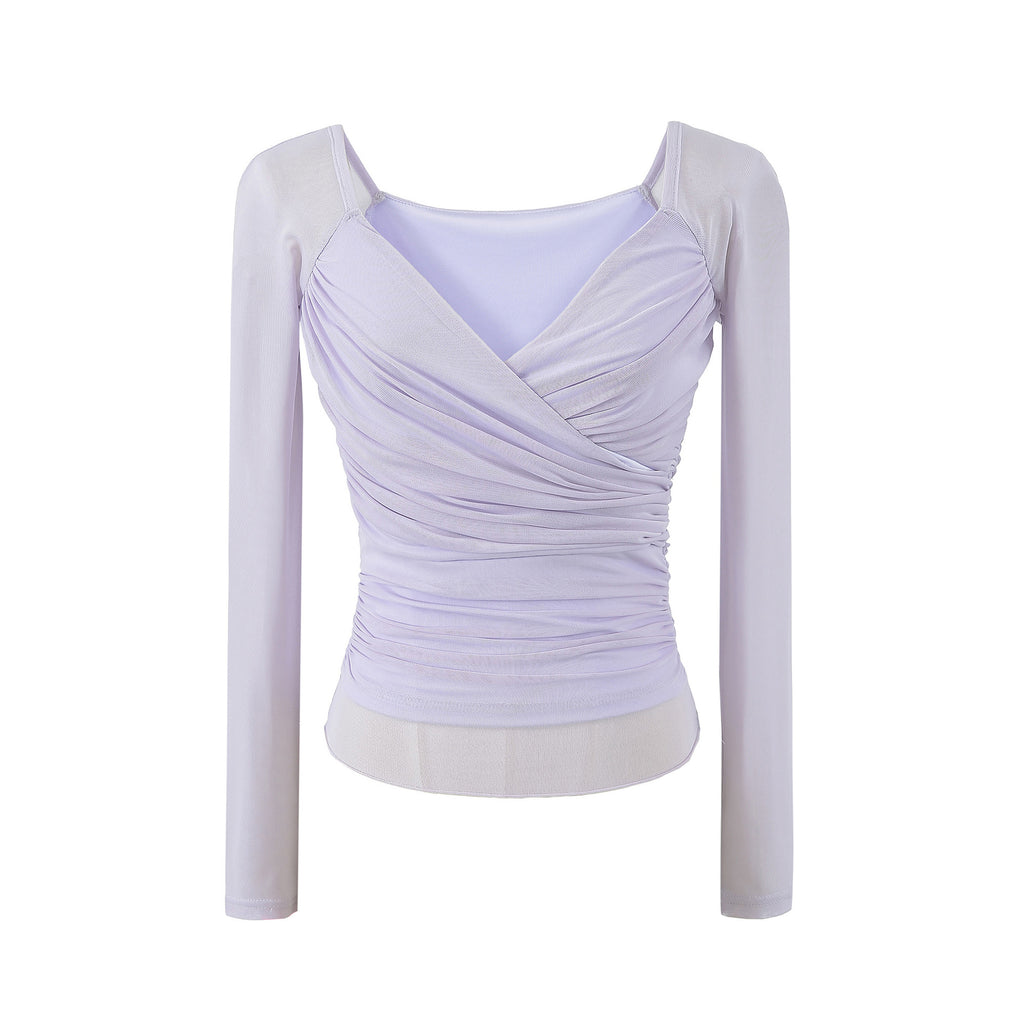 Ruched Mesh Wrap V-Neck Top