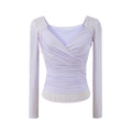 Ruched Mesh Wrap V-Neck Top