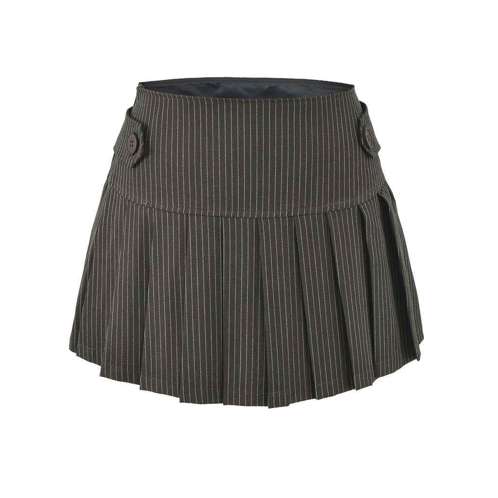 Pinstripe Pleated Mini Skirt in coffee brown, shown flat