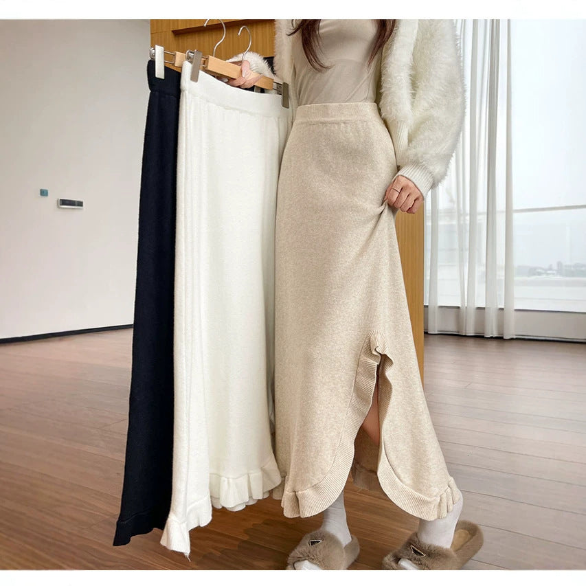 Ruffle Slit Knit Midi Skirt