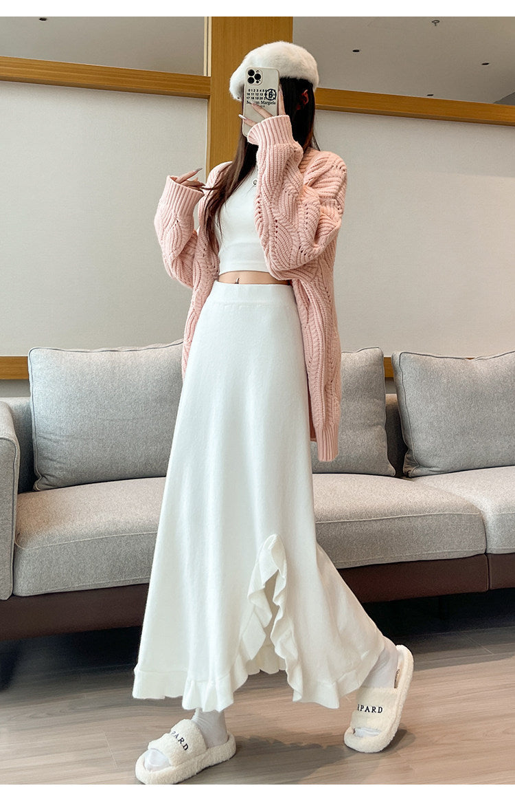 Ruffle Slit Knit Midi Skirt