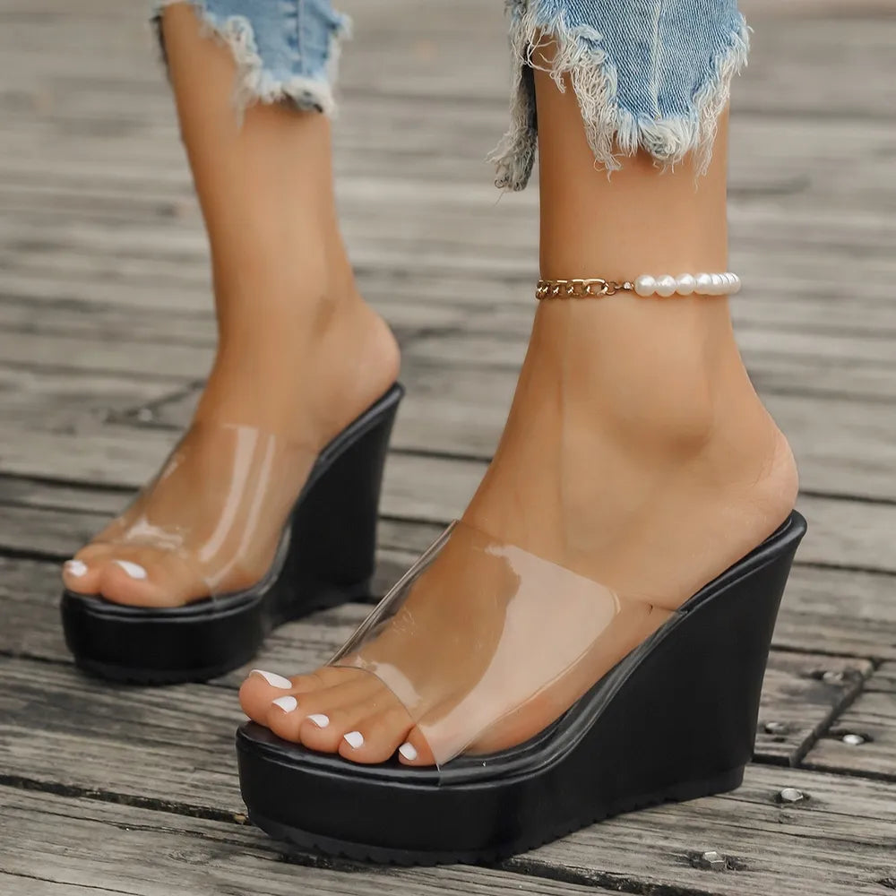 Clear Strap Platform Wedge Slides