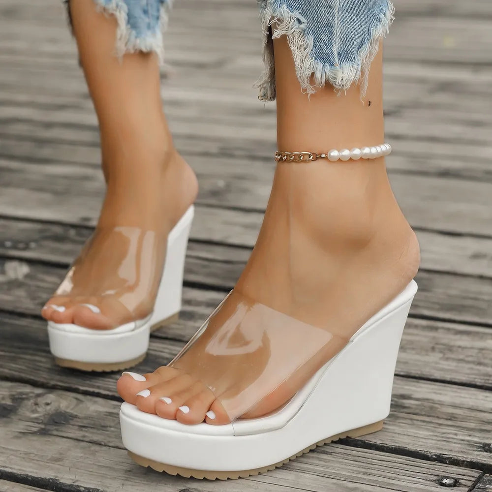 Clear strap platform wedge slides in black and white
