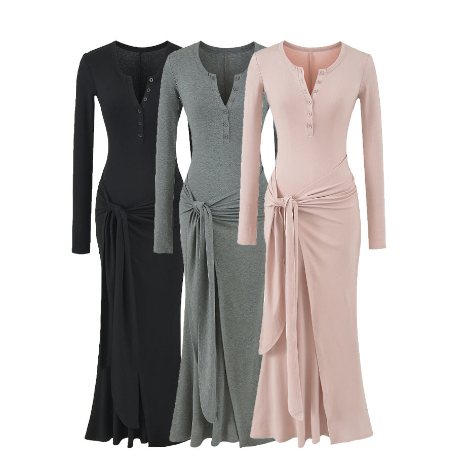 Henley Tie-Waist Rib Maxi Dress