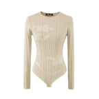 Floral Rib Knit Bodysuit in cream with a tonal flower pattern, shown flat