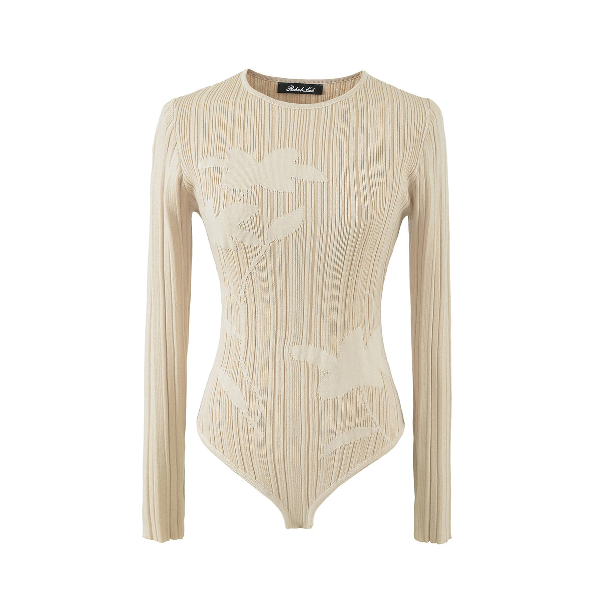 Floral Rib Knit Bodysuit in cream with a tonal flower pattern, shown flat