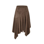 Asymmetric Faux Suede Midi Skirt in coffee brown, shown flat