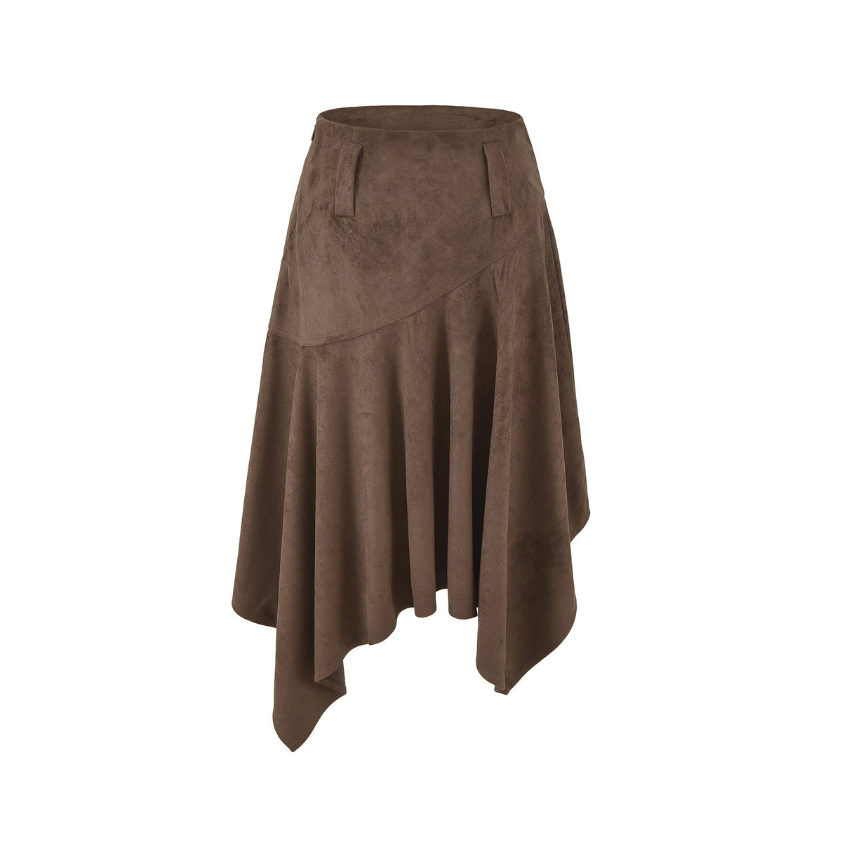 Asymmetric Faux Suede Midi Skirt in coffee brown, shown flat