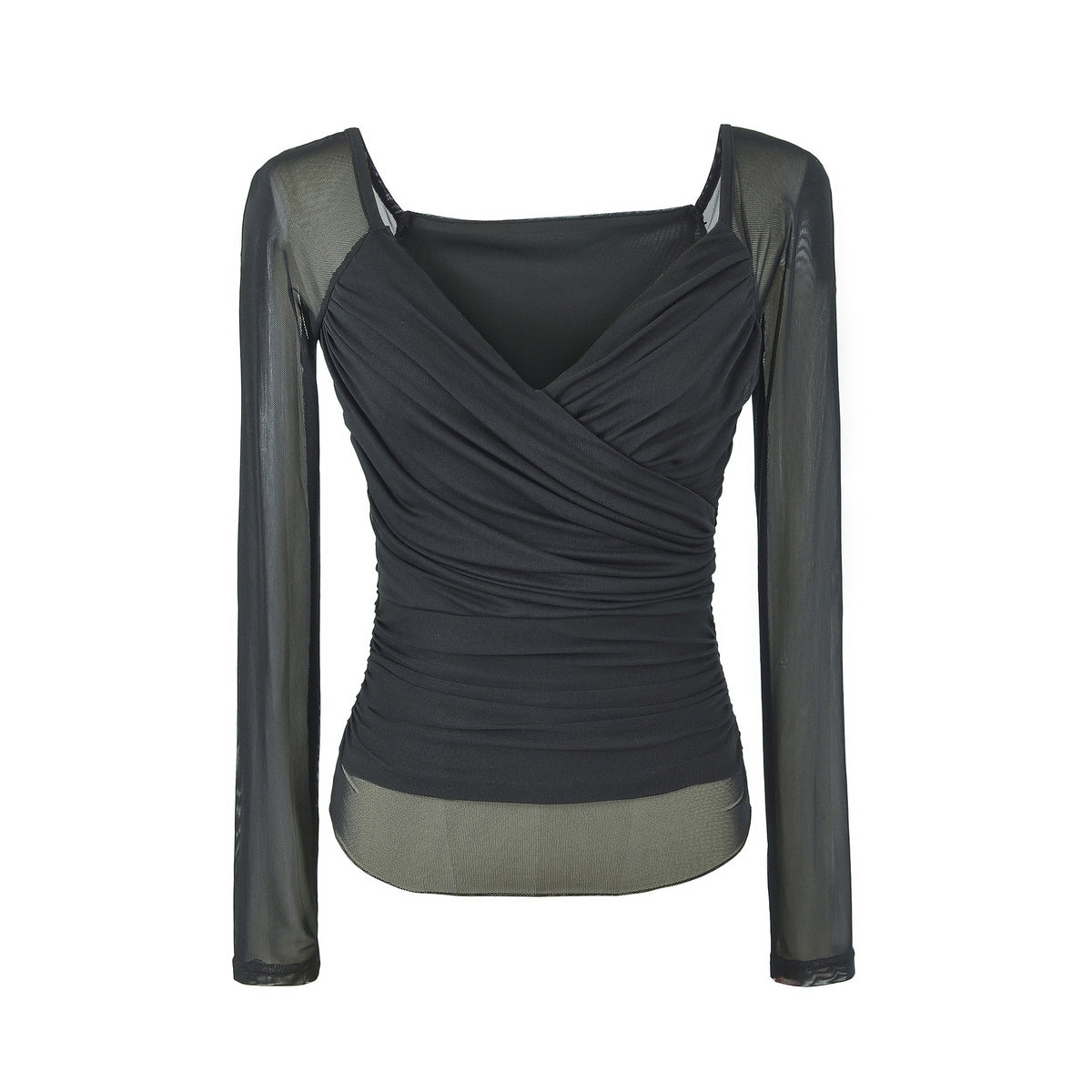 Ruched Mesh Wrap V-Neck Top