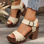 Studded Wood-Look Block Heel Sandals