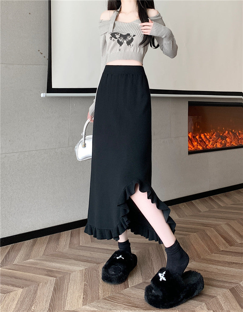 Ruffle Slit Knit Midi Skirt