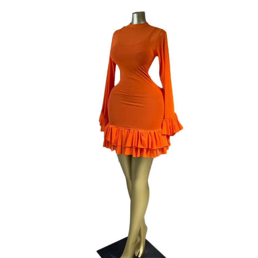 Ruffle Hem Mesh Mini Dress in tangerine on a dress form
