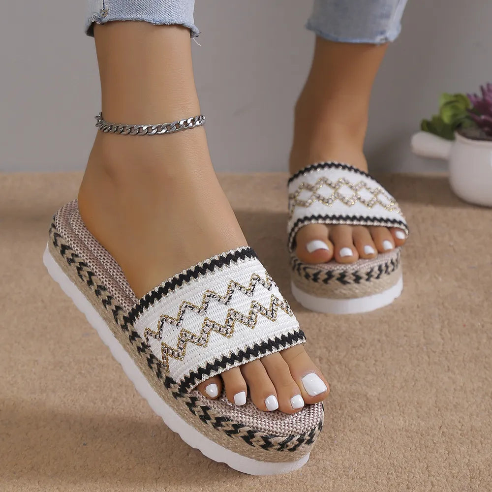 Embroidered Band Espadrille Platform Slides