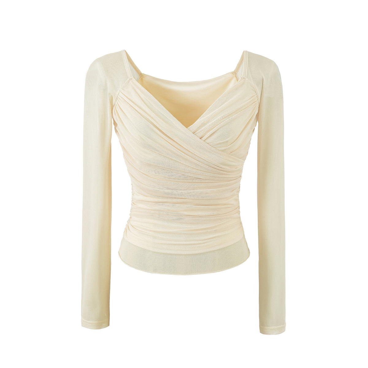 Ruched Mesh Wrap V-Neck Top