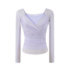 Ruched Mesh Wrap V-Neck Top in lavender, shown flat