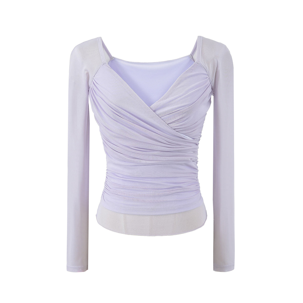 Ruched Mesh Wrap V-Neck Top in lavender, shown flat