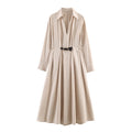 Belted Collared Midi Shirt Dress in khaki with a black belt, shown flat