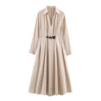 Belted Collared Midi Shirt Dress in khaki with a black belt, shown flat