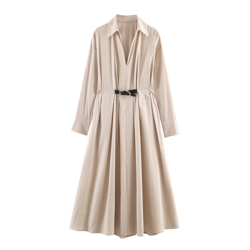 Belted Collared Midi Shirt Dress in khaki with a black belt, shown flat