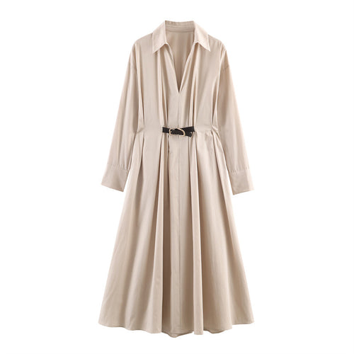 Belted Collared Midi Shirt Dress in khaki with a black belt, shown flat
