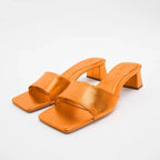 Metallic Square Toe Heeled Mules