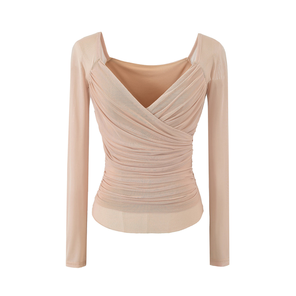 Ruched Mesh Wrap V-Neck Top