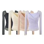 Ruched Mesh Wrap V-Neck Top