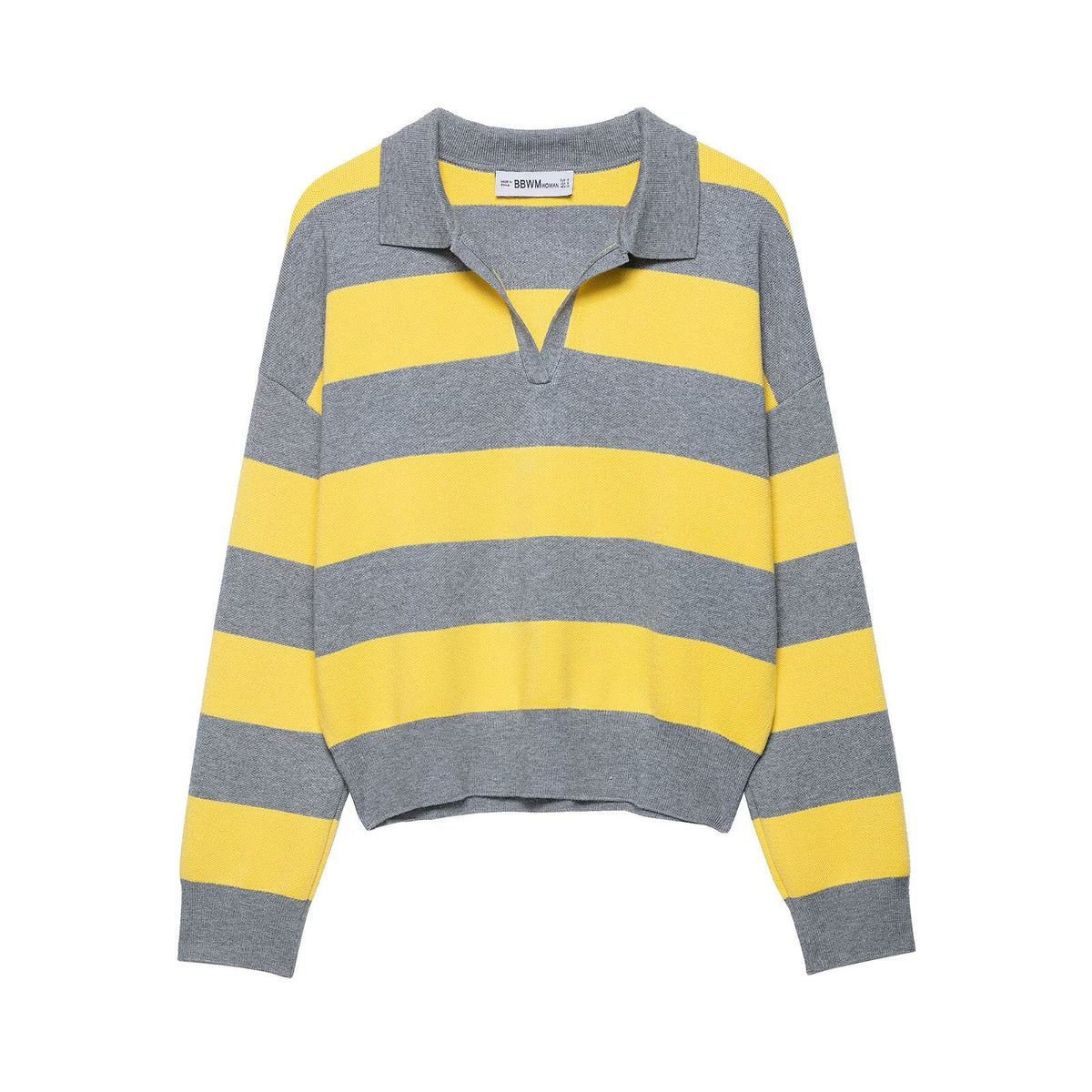 Striped polo collar knit sweater with a contrast collar
