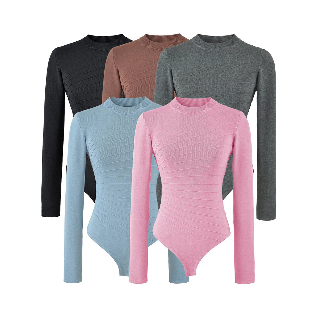 Diagonal Rib Mock Neck Bodysuits laid out in black, coffee, dark gray, mist blue and pink