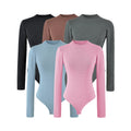 Diagonal Rib Mock Neck Bodysuits laid out in black, coffee, dark gray, mist blue and pink