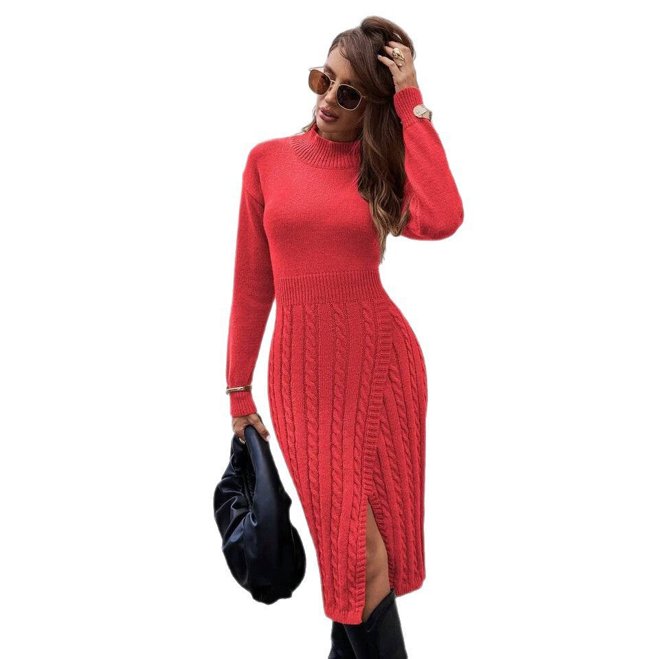 Cable knit mock neck midi dress in camel