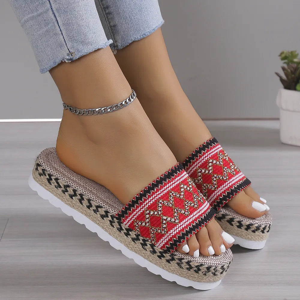 Embroidered Band Espadrille Platform Slides