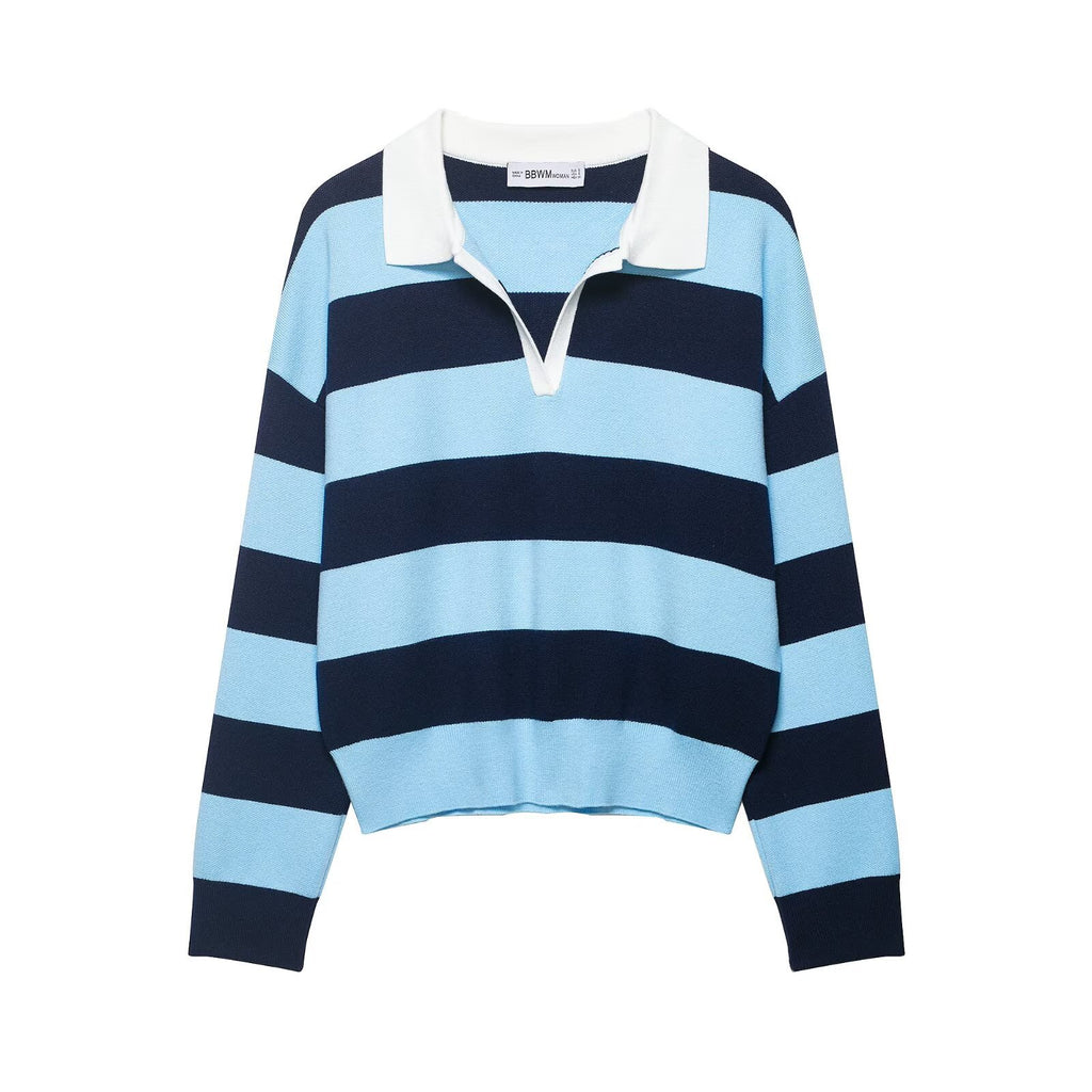 Striped Polo Collar Knit Sweater