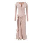 Henley Tie-Waist Rib Maxi Dress in pink with a knotted sash, shown flat