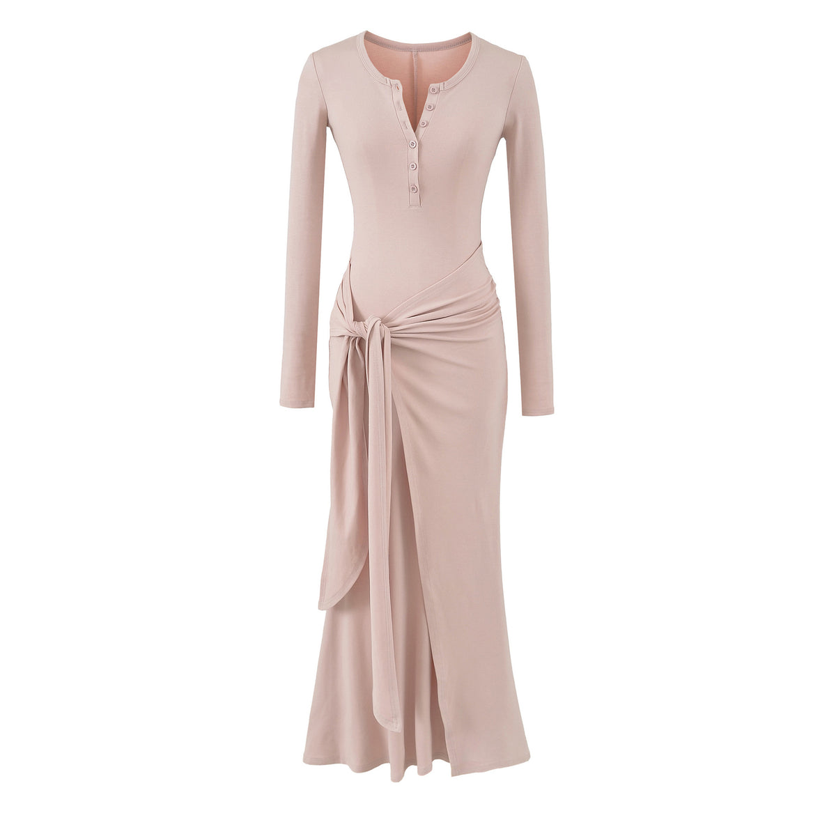 Henley Tie-Waist Rib Maxi Dress in pink with a knotted sash, shown flat