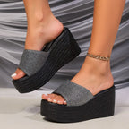 Shimmer Band Platform Wedge Slides