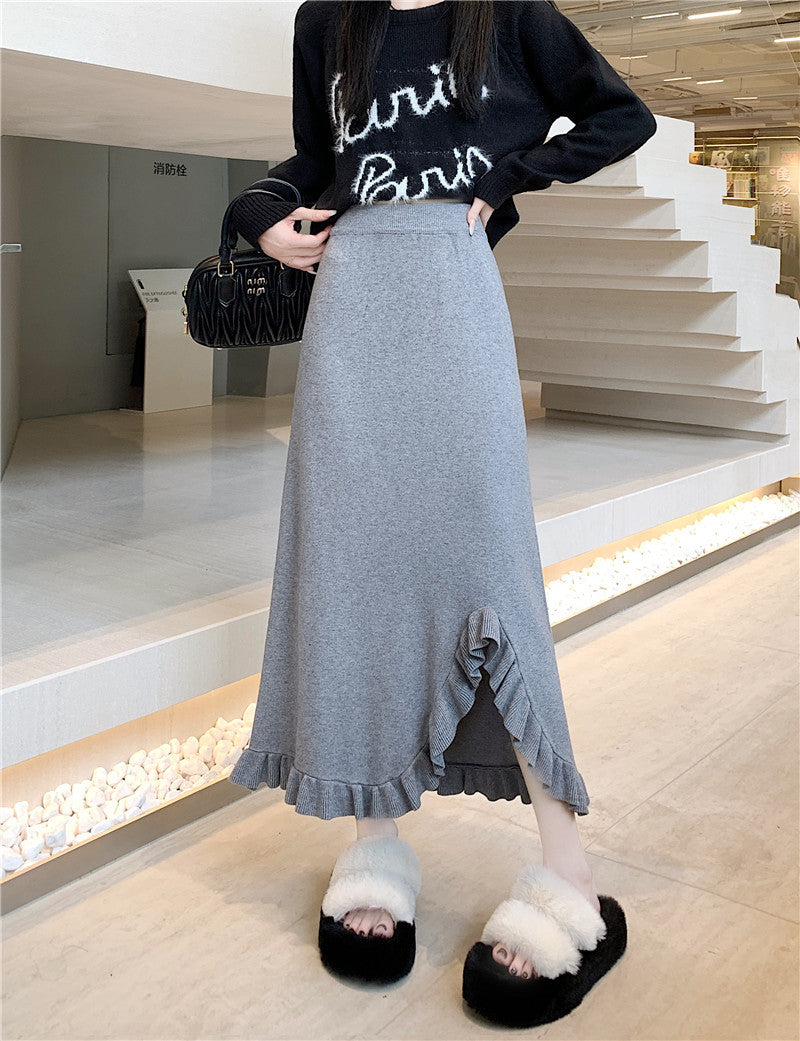 Ruffle Slit Knit Midi Skirt