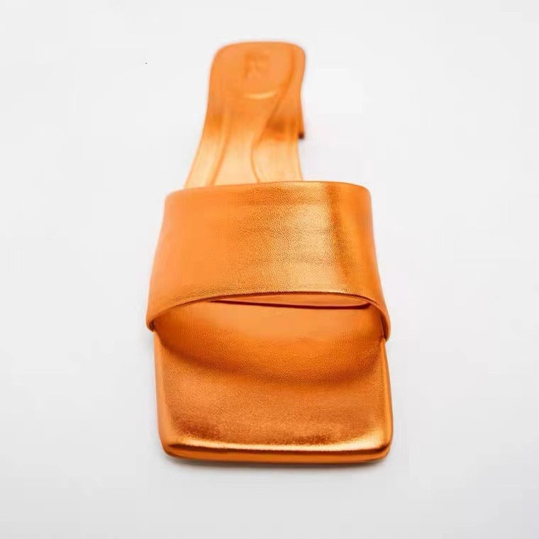 Metallic Square Toe Heeled Mules