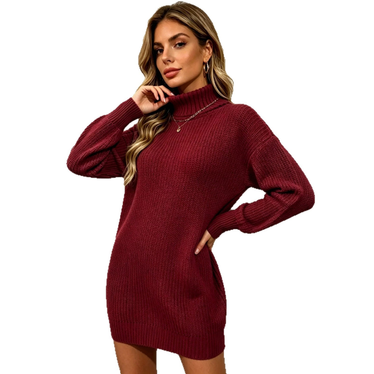 Woman wearing the Turtleneck Rib Knit Sweater Dress in burgundy