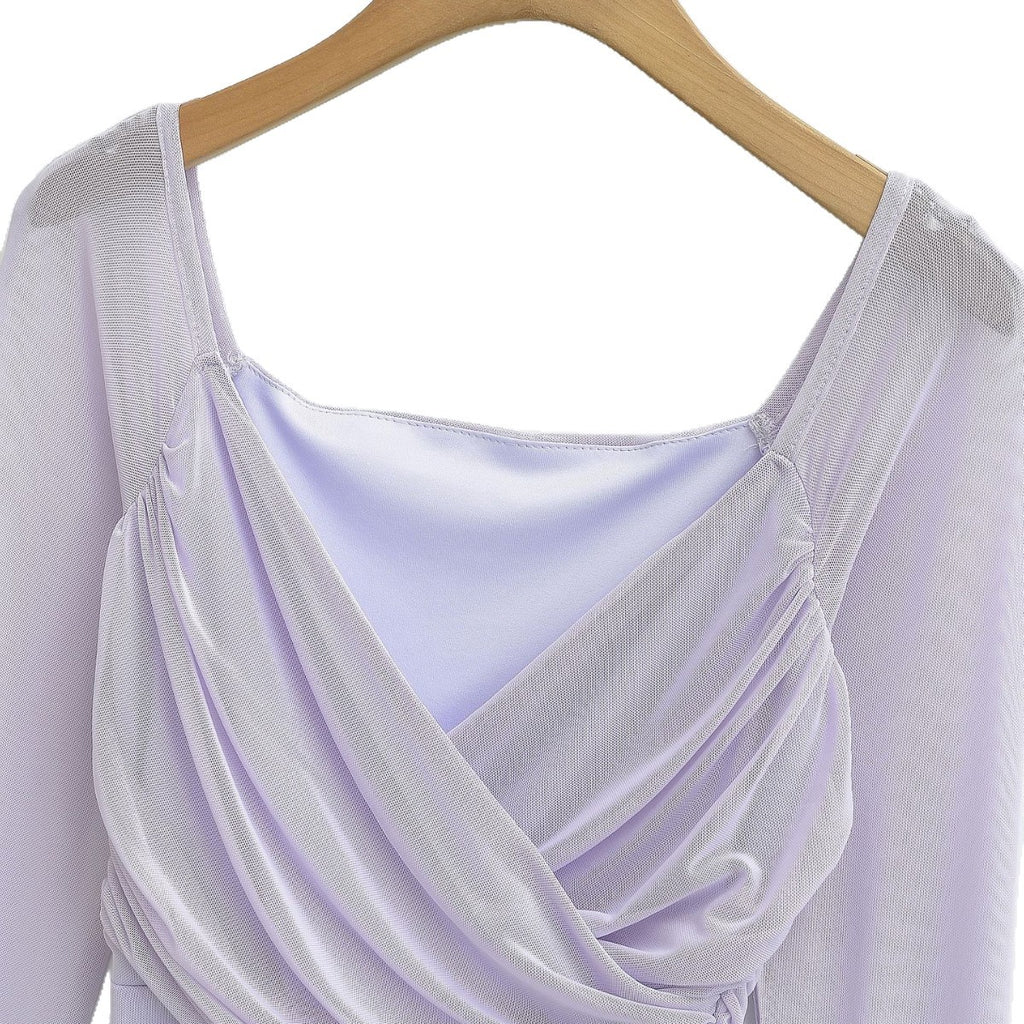 Ruched Mesh Wrap V-Neck Top