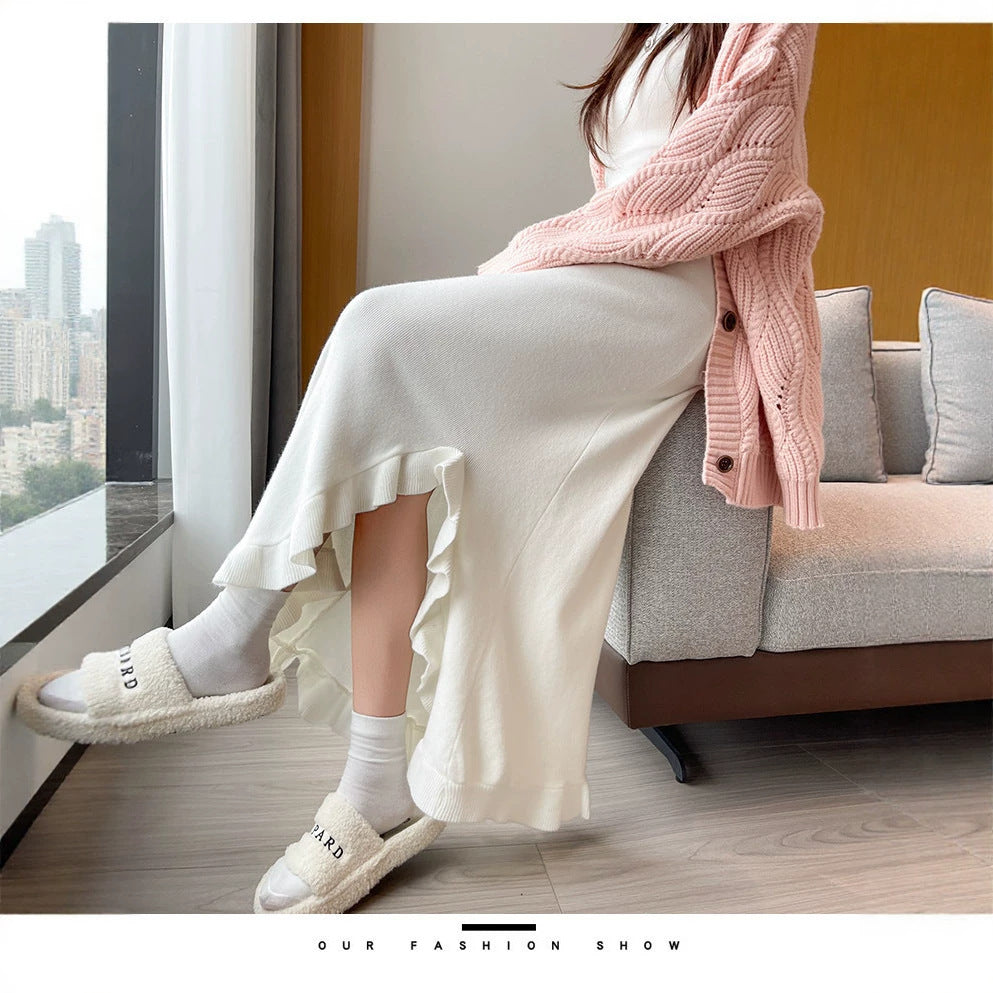 Ruffle Slit Knit Midi Skirt