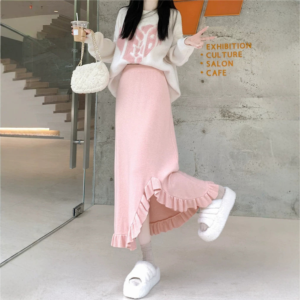 Ruffle Slit Knit Midi Skirt