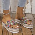 Embroidered Band Espadrille Platform Slides