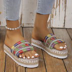 Embroidered Band Espadrille Platform Slides